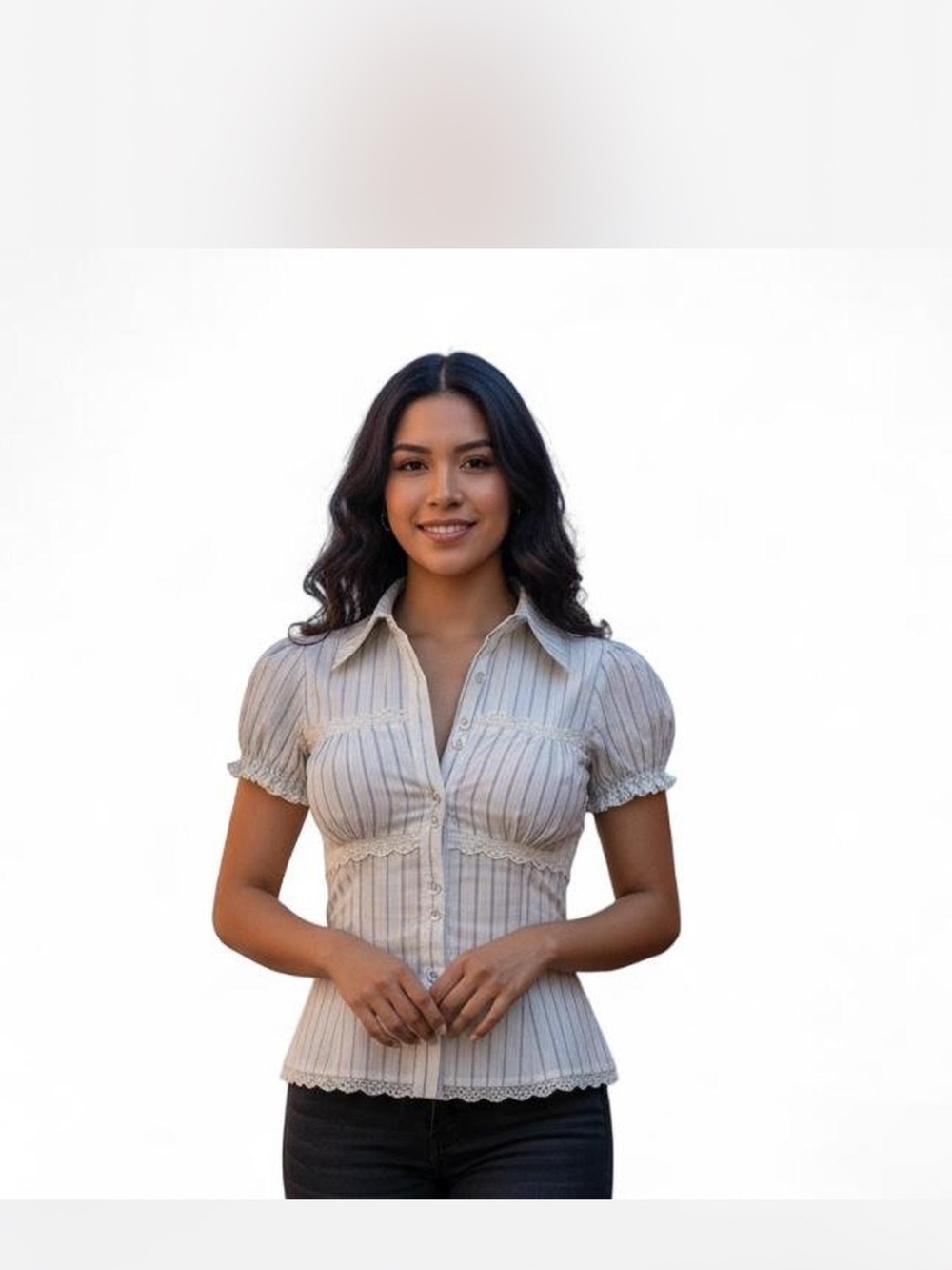 Princess Polly Cream Striped Puff-Sleeve Button Down Top